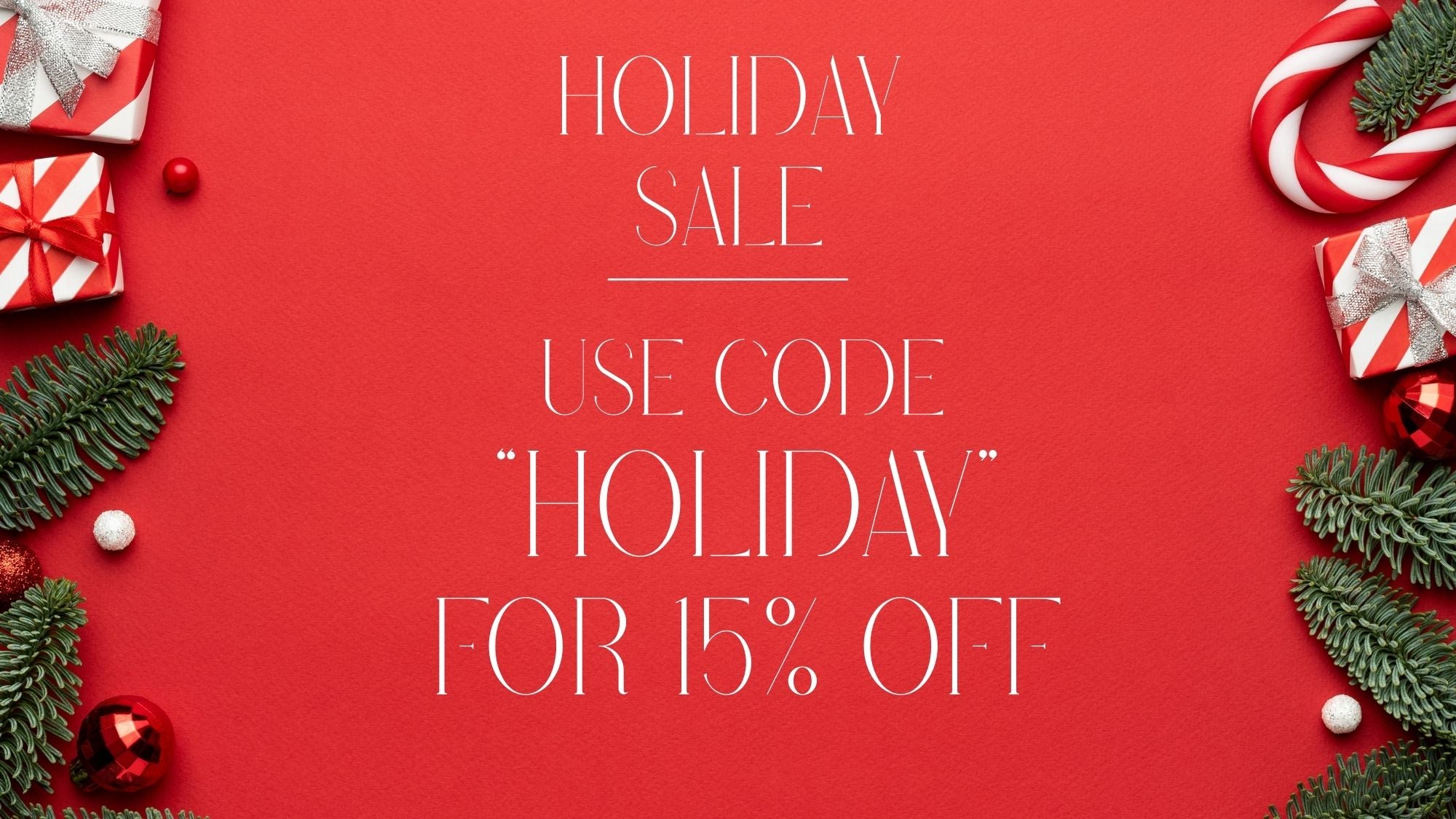 Holiday sale promotion with festive decorations on a red background